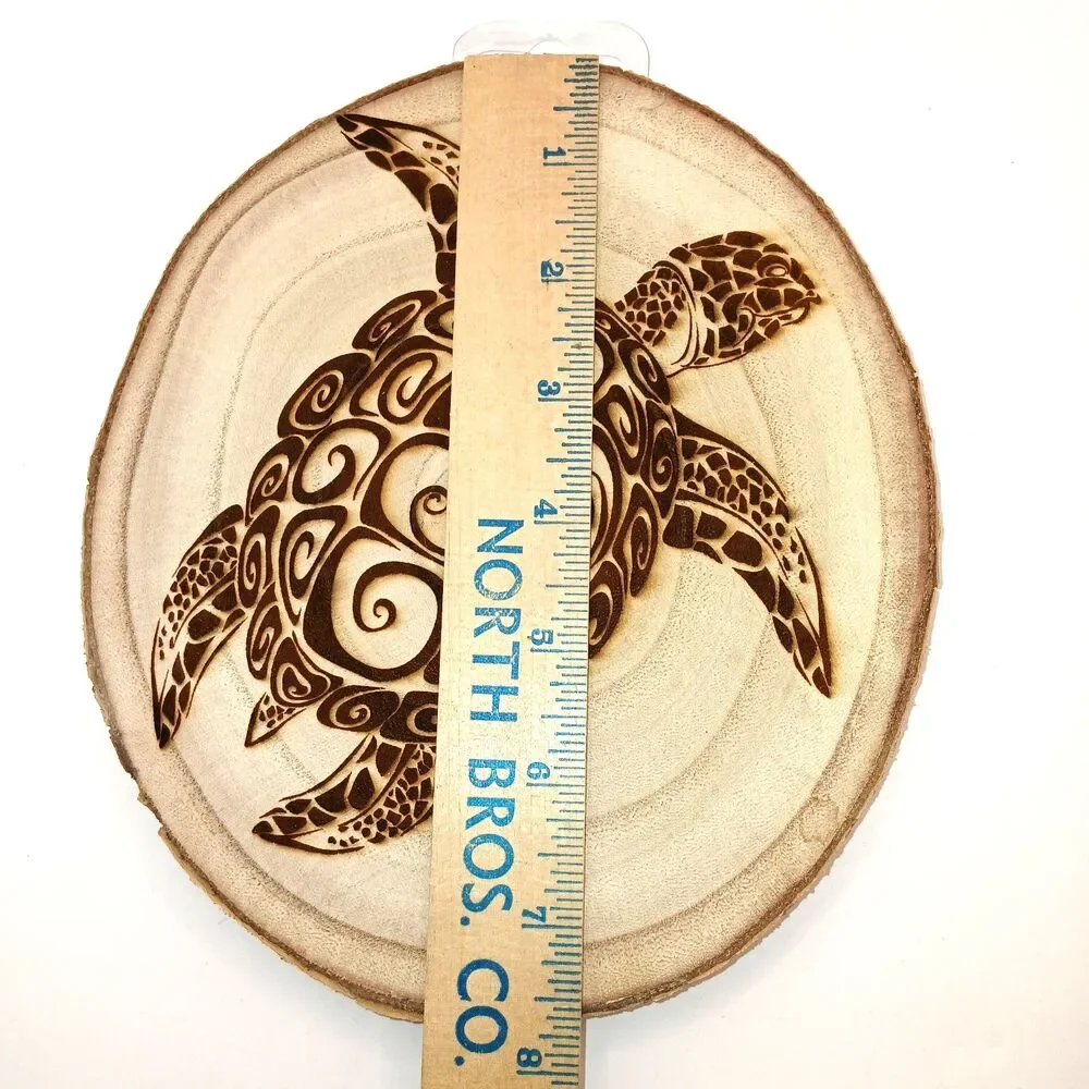 Sea Turtle Wood Slice Live Raw Edge Burned Look Wall Hanging Art Plaque Rustic